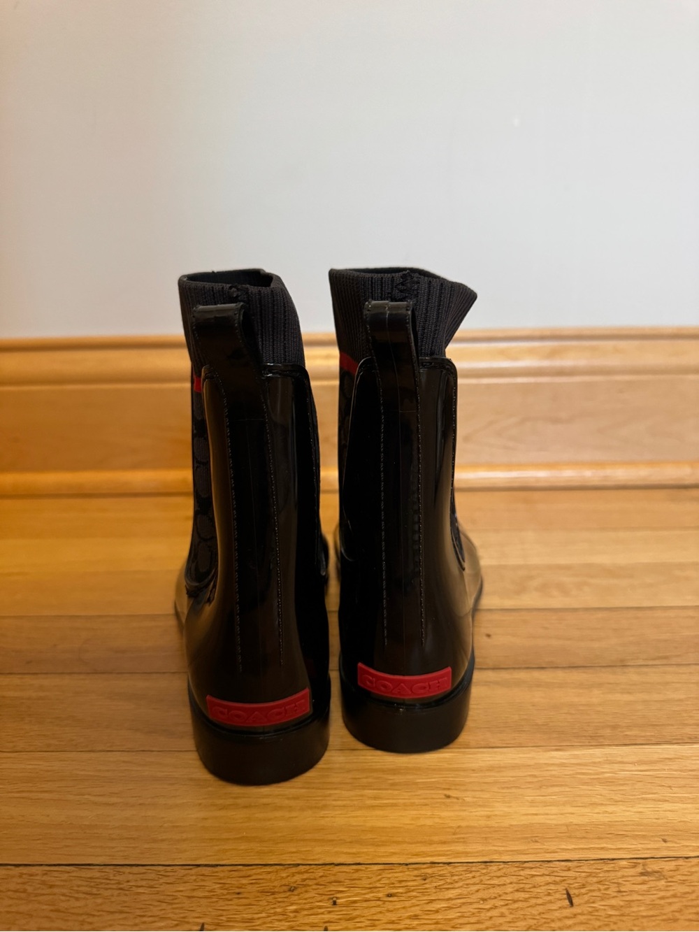 Coach Black Patent Rain Chelsea Boots with Red Accent - Picture 7 of 7